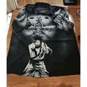 VTG Y2K DTEK Mens XL Button Up Shirt Black And White Samurai Oni AOP Anime Retro